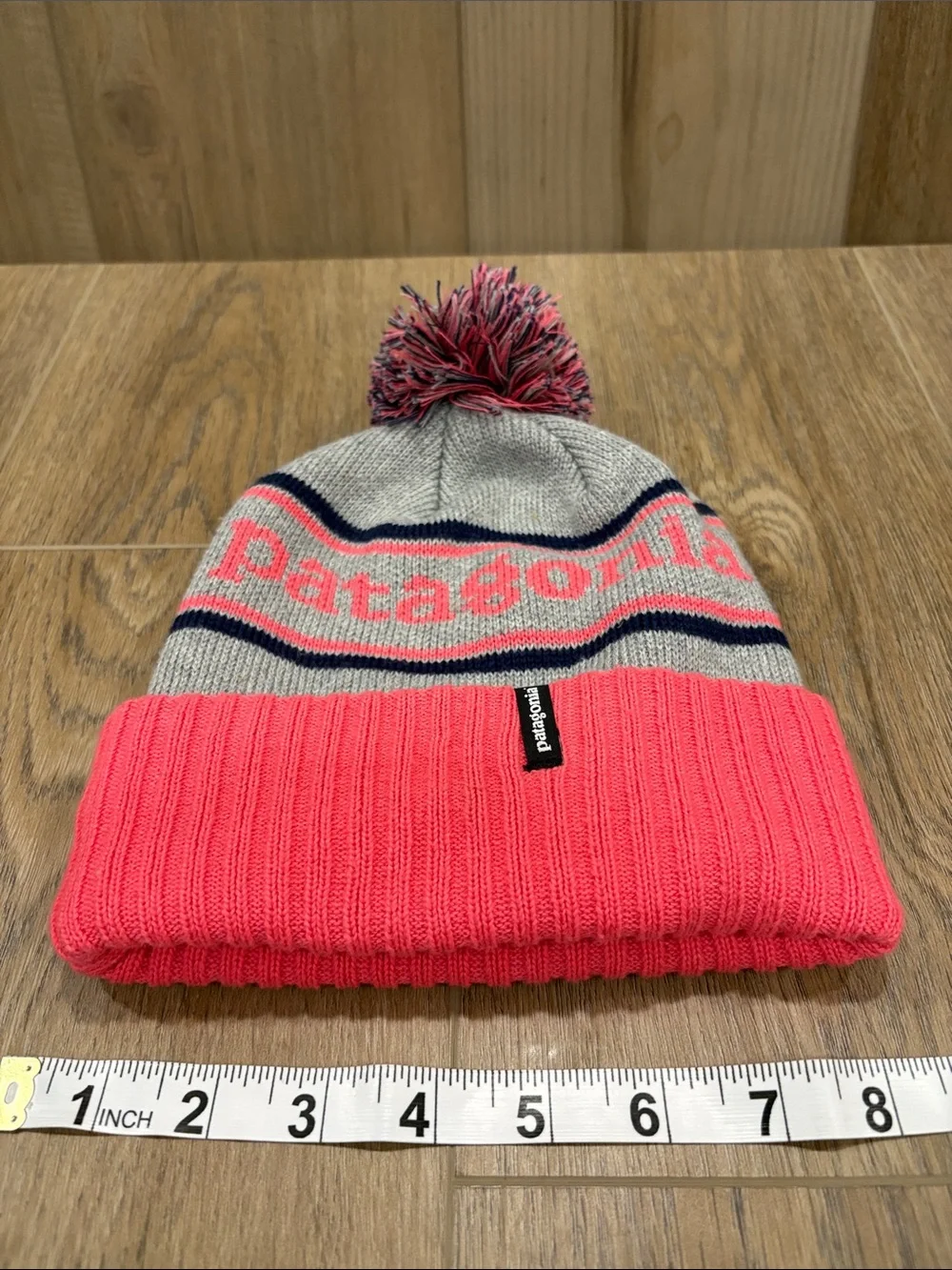 Patagonia Kids Coral Pink Gray Navy Pom-Pom Winter Beanie